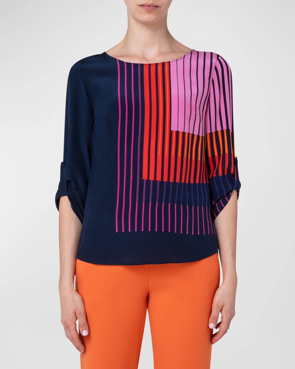 Layered Stripe Printed Silk Blouse